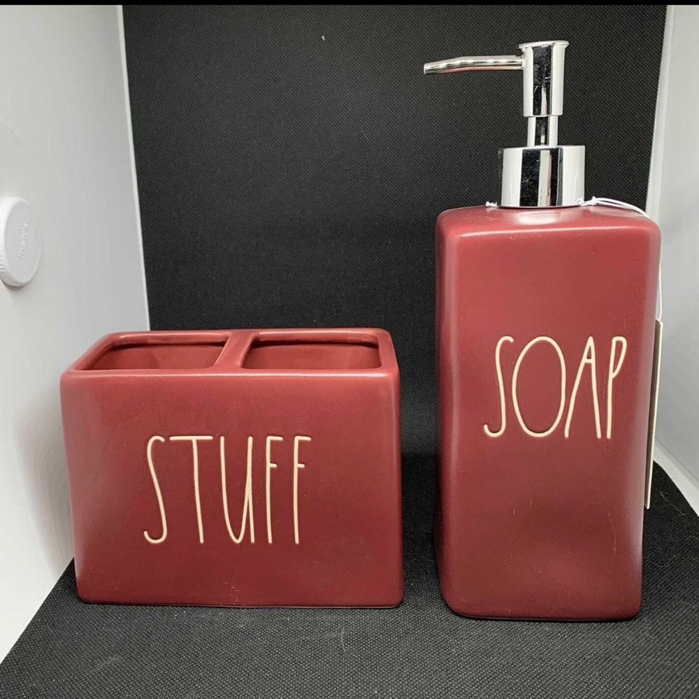 Rae Dunn Red Soap Dispenser & Brush Holder NEW